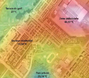 Figure 1 : Bande thermique Landsat-5 matérialisant les îlots de chaleur d’un quartier de Montréal en été  (source : université du Quebec)