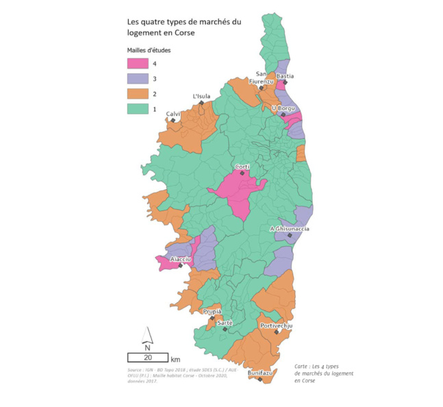 Les 4 types de marchés du logement en Corse.