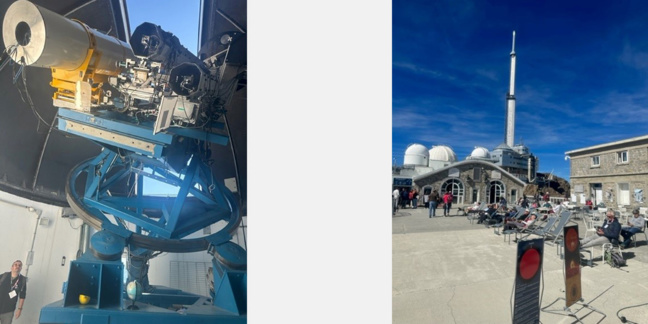 Gauche : Matériel d’observation astronomique de l’observatoire du pic du midi de Bigorre. Droite : Vue des bâtiments de l’observatoire du pic du midi de Bigorre et de l’antenne de radio diffusion.