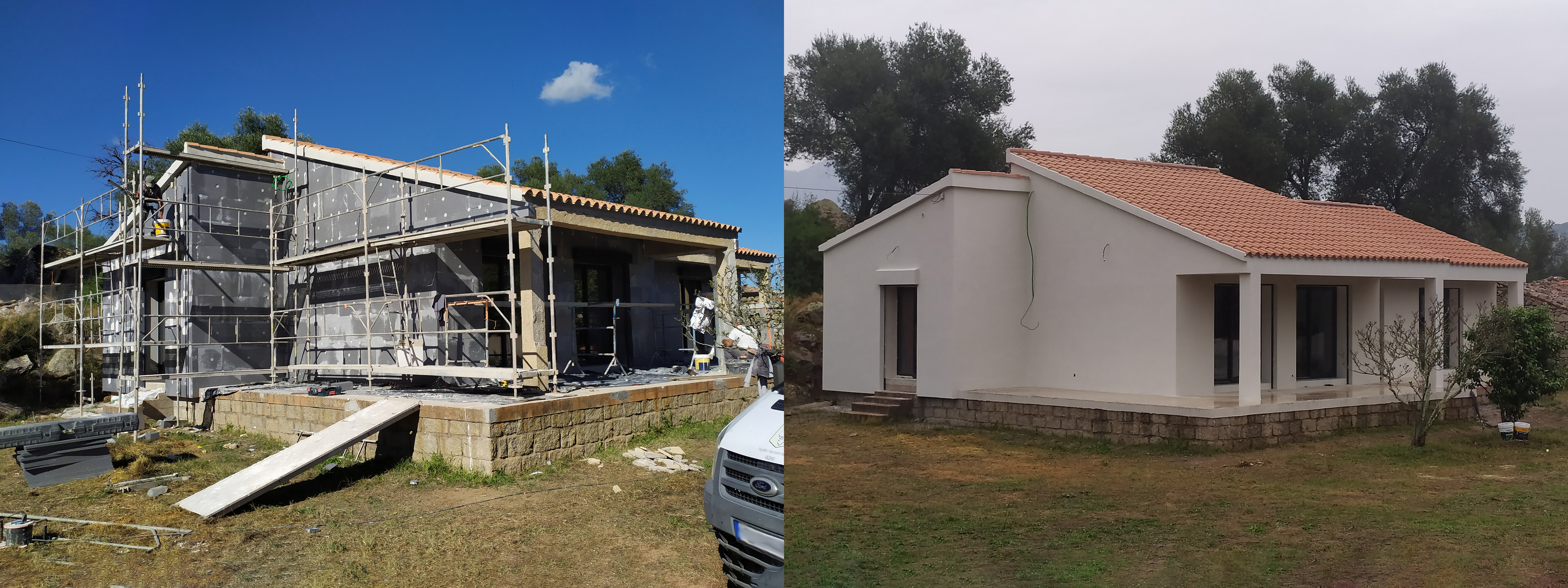 Réalisation de travaux de rénovation énergétique sur une maison individuelle (avant/après).