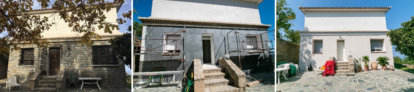 Réalisation de travaux de rénovation énergétique sur une maison individuelle (avant/pendant/après).