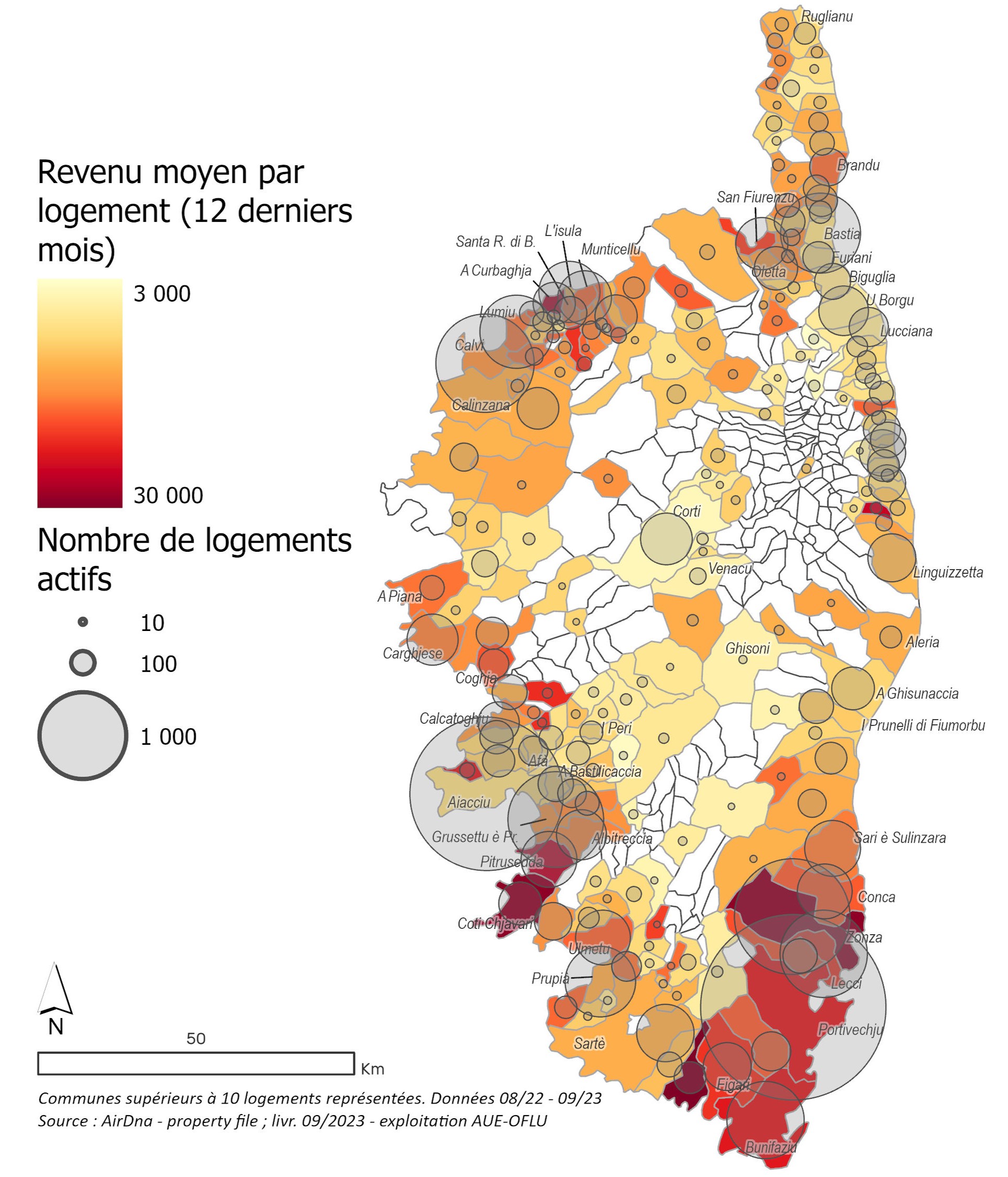 Revenu moyen annuel par logement et nombre de logements actifs par commune (actifs = disponibles au moins un jour sur les plateformes de meublés de tourisme)